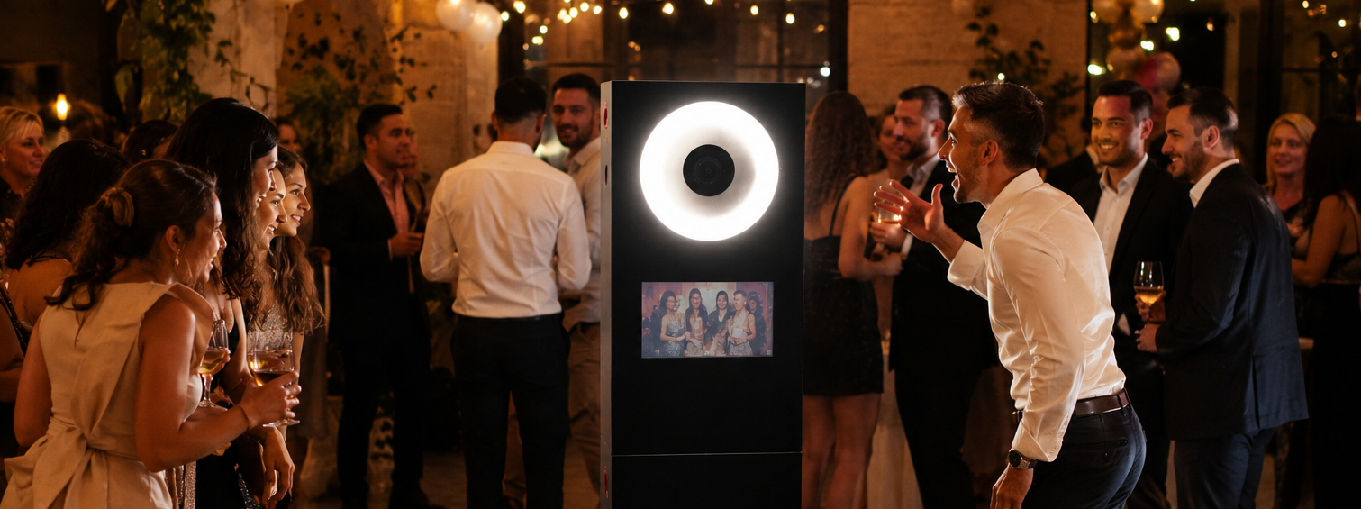Invités souriants devant le photobooth lors d'une fête